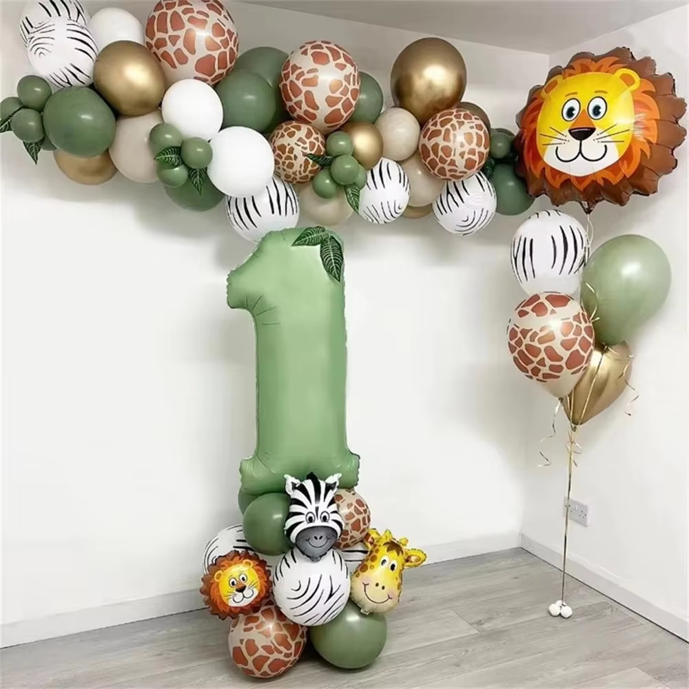 Balloon Arch Kit - Dschungeltier-Geburtstagsballons Salbeigrüne Zahlenballons Girlande für Babyparty