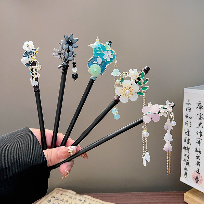 Event Suppliers - Klassischer Quasten-Haarstab, schwarzer Holz-Blumen-Perlen-Haarstab, chinesischer Hanfu-Haarschmuck,
